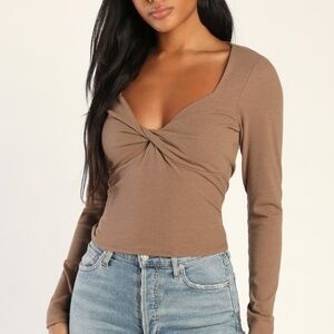 Modern Image Brown Ribbed Long Sleeve Twist-Front Top